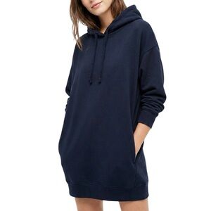 Uniqlo Sweat Hoodie Dress Black Long Pullover Tunic Size L Kangaroo Pockets